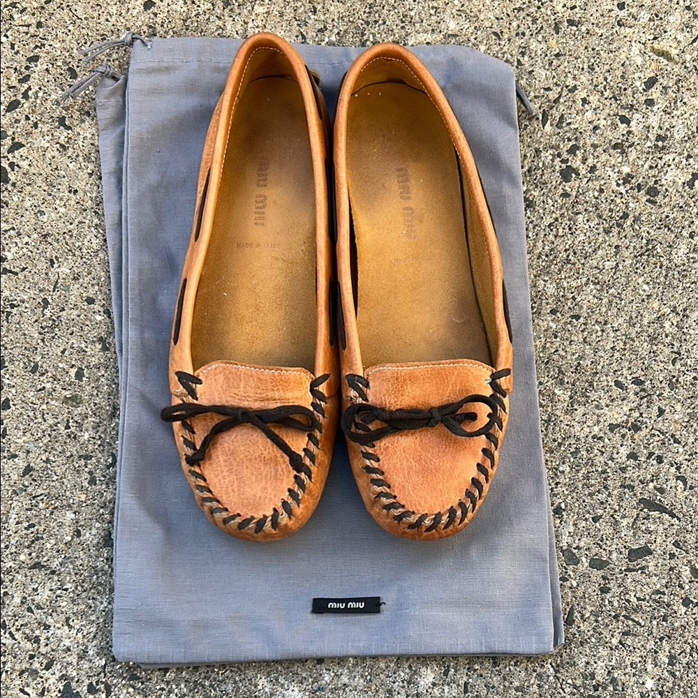 Miu Miu Cognac Leather Moccasin Loafers with Black Lacing